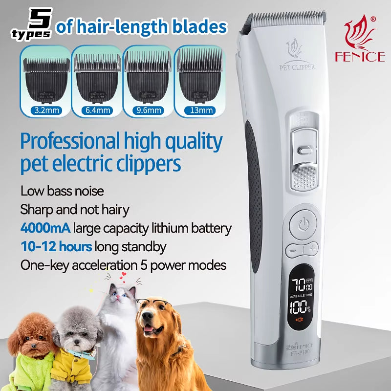 Fenice P100 Professional LCD Screen Dog Cat Clippers 4000Ma Electrical Grooming Trimmer and Blade Rechargeable Haircut Machine