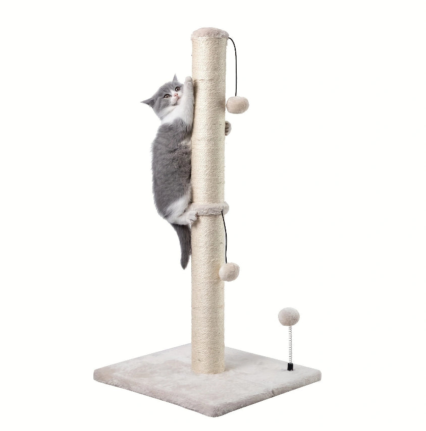 Extra Thick Indoor Cat Scratching Post with Hanging Ball Toy - Durable Fiberboard Claw-Friendly Surface for Cats, Sturdy & Safe Design for Play and Relaxation, Cat Scratcher