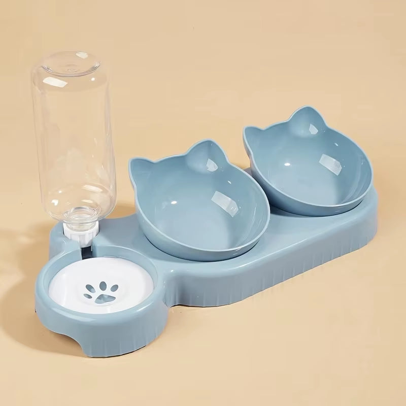 1PCS Pet Bowl with Water Feeder, 3-In-1 Ear Design Tilting Cat Water and Food Bowl with Gravity Water Bottle for Neck Protection