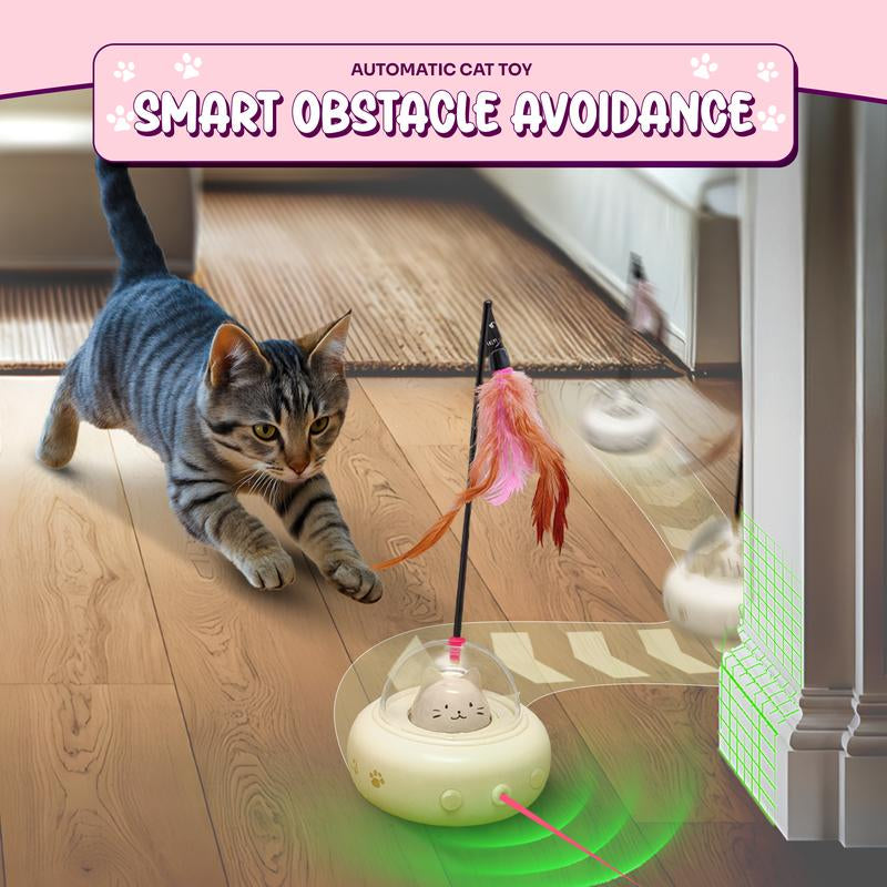 Smart Interactive Cat Toy, Automatic Self-Activating Moving Cat Toy with Feather, Lazer Light, and Energy-Saving Features – Perfect for Bored Cats, Fun Interactive Play (Beige)
