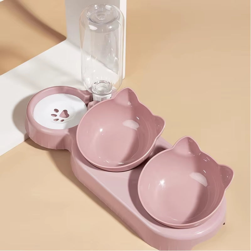1PCS Pet Bowl with Water Feeder, 3-In-1 Ear Design Tilting Cat Water and Food Bowl with Gravity Water Bottle for Neck Protection