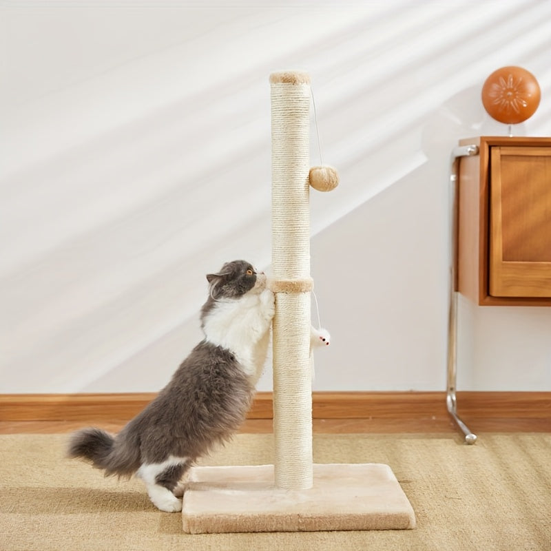 Extra Thick Indoor Cat Scratching Post with Hanging Ball Toy - Durable Fiberboard Claw-Friendly Surface for Cats, Sturdy & Safe Design for Play and Relaxation, Cat Scratcher