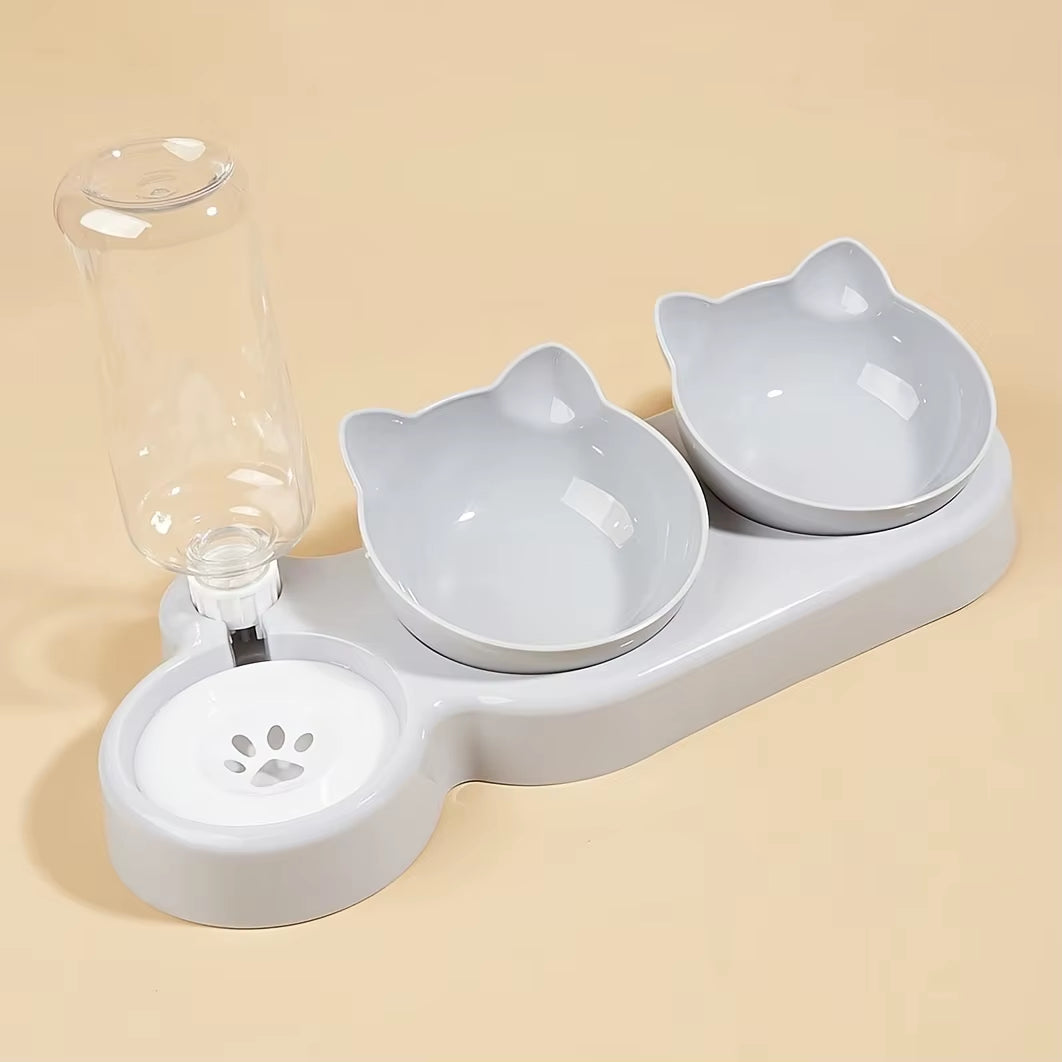 1PCS Pet Bowl with Water Feeder, 3-In-1 Ear Design Tilting Cat Water and Food Bowl with Gravity Water Bottle for Neck Protection