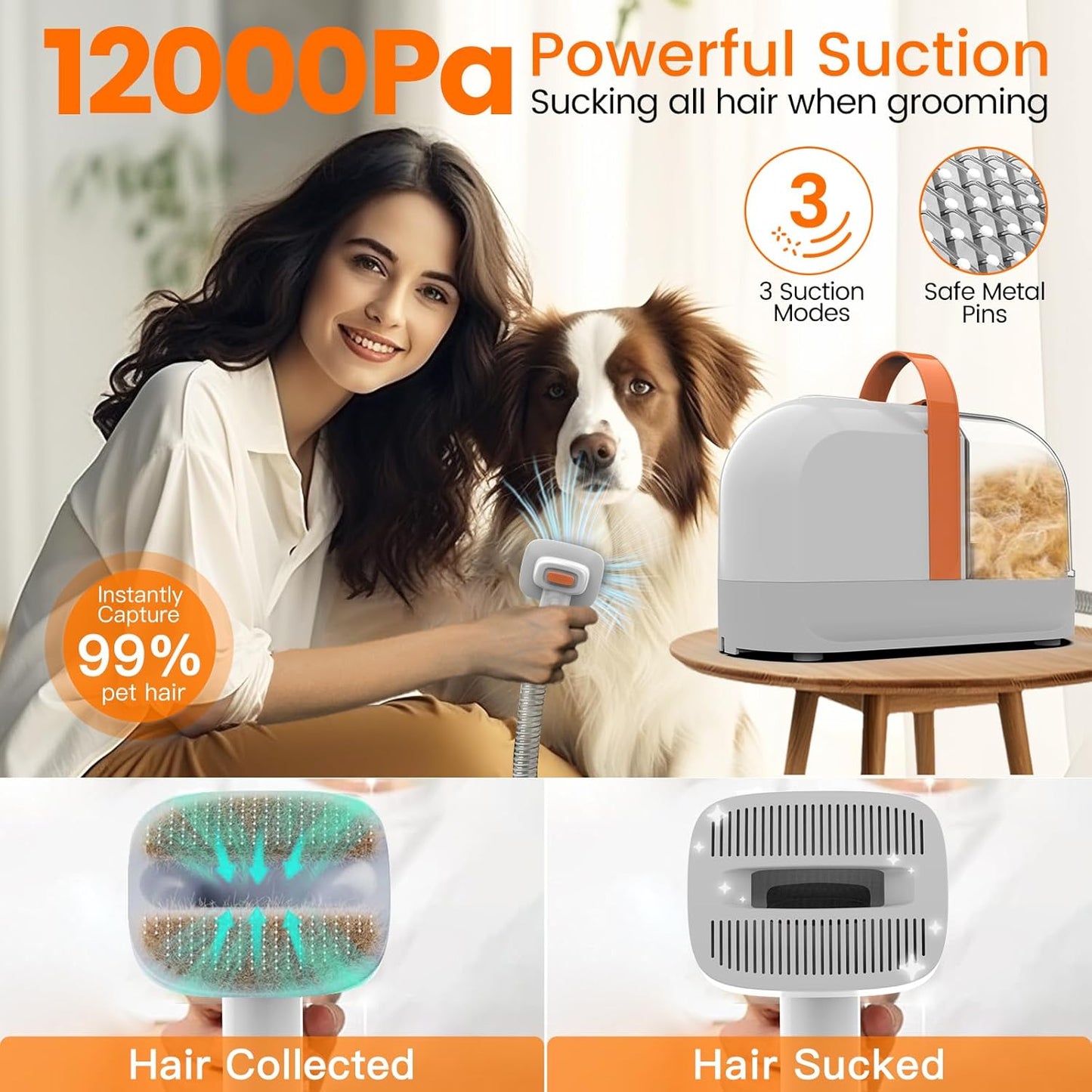 Dog Grooming Vacuum, Dog Grooming Kit with Pet Clippers, 12,000Pa Pet Hair Vacuum for Dogs, Low Noise Home Cleaning Tool in 1, PG10