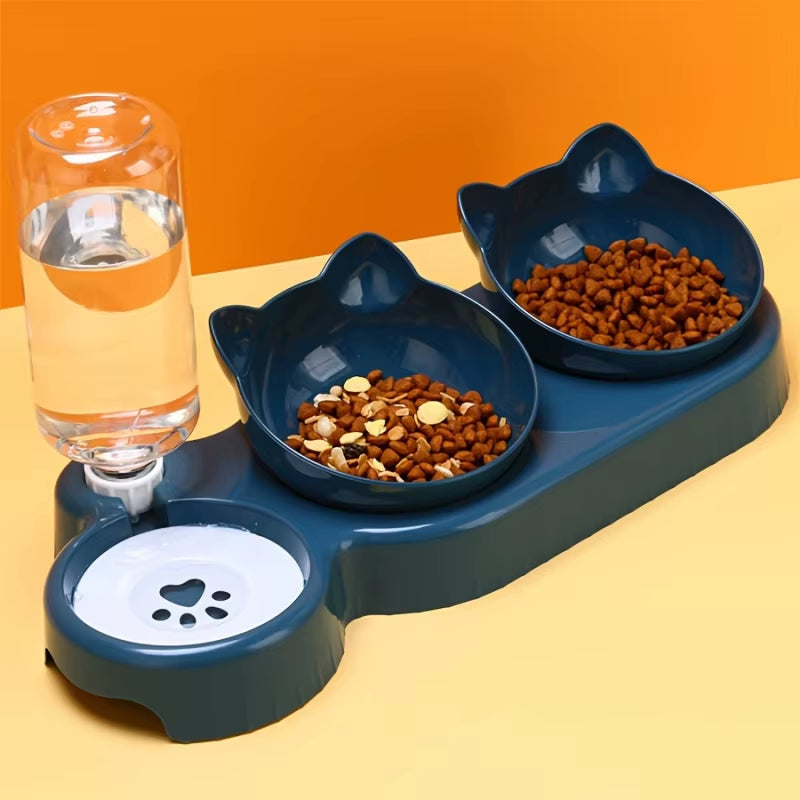 1PCS Pet Bowl with Water Feeder, 3-In-1 Ear Design Tilting Cat Water and Food Bowl with Gravity Water Bottle for Neck Protection