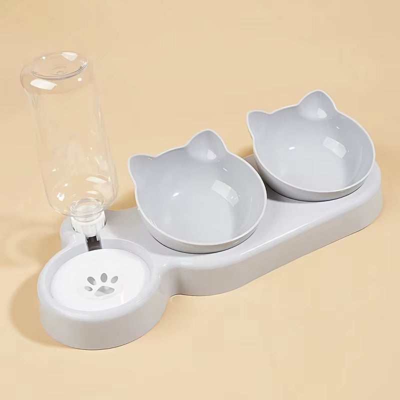 1PCS Pet Bowl with Water Feeder, 3-In-1 Ear Design Tilting Cat Water and Food Bowl with Gravity Water Bottle for Neck Protection