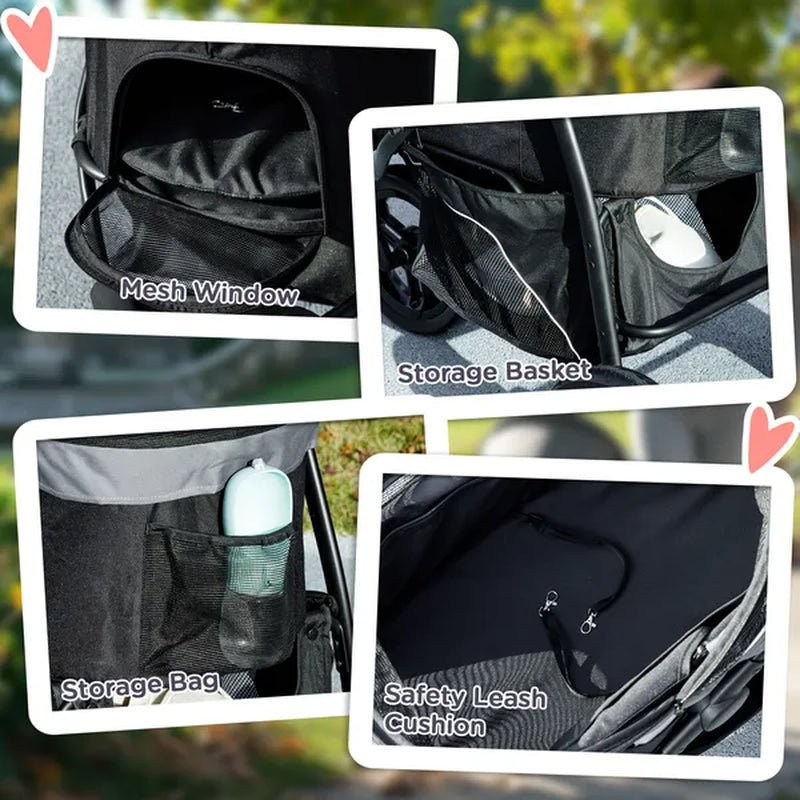 3 in 1 Pet Jogging Stroller for Small Dogs and Cats with Detachable Carrier, Storage Basket, Gray