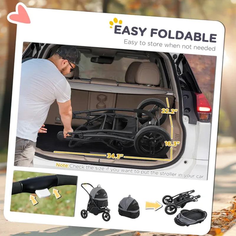 3 in 1 Pet Jogging Stroller for Small Dogs and Cats with Detachable Carrier, Storage Basket, Gray