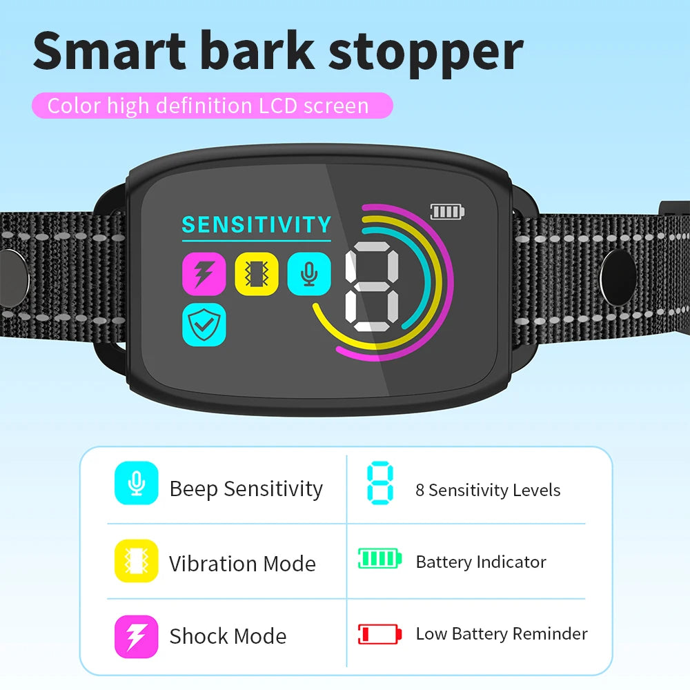 Smart Automatic anti Barking Dog Collar Rechargeable Bark Stopper Stop Barking HD Digital Display IP67 Waterproof Collar for Dogs Pet Products
