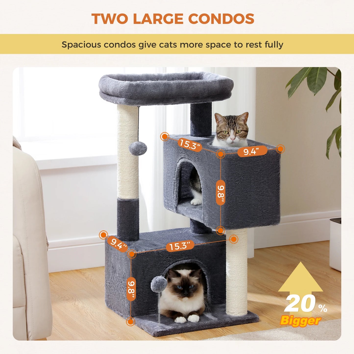 31.5" Modern Cat Tree Tower with Dual Large Condos for Kitten ＆ Medium Size Cat Dark Gray