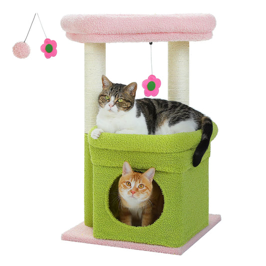 Cat Tree Cat Tower with Cozy Condo, Wide Top Perch,Natural Sisal Posts, Soft Plush,Playful Pom-Pom Suitable for 1-2 Indoor Cats