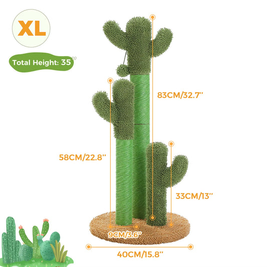 Cactus Cat Scratching Post - Tall Interactive Scratcher with 3 Sisal Poles & Dangling Ball Toys for Indoor Cats