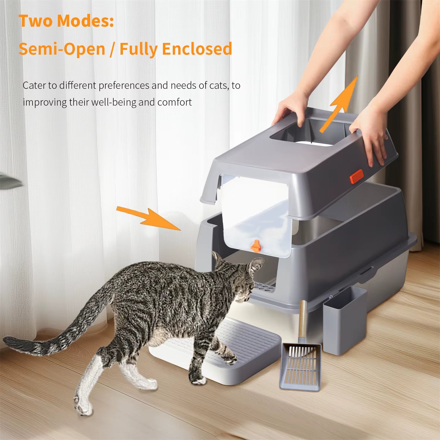 Extra Large Enclosed Stainless Steel Cat Litter Box with Lid - Ideal for Big Cats, High Wall Design for Mess-Free Use
