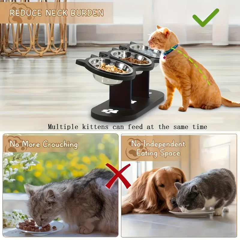 Elevated Cat Food Bowl with Wooden Support Frame & Stainless Steel Cat Bowl Adjustable 15° Angle Stand Sloped Pet Food Bowl