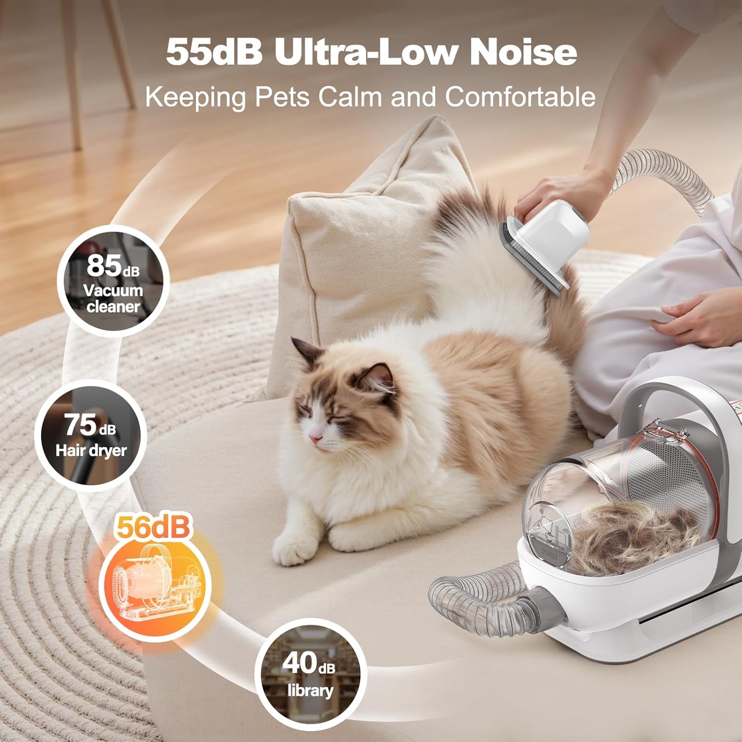 6-In-1 Dog Grooming Kit, Pet Grooming Vacuum for Shedding, Dog Hair Vacuum with Clipper Nail Trimmer Grinder, Pet Brush Groomer at Home, Low Noise Cats Hair Remover, 1.5L Dust Cup, White