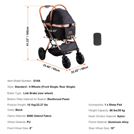 Premium Foldable Pet Stroller for Small to Medium Dogs - 66 Lbs Capacity, Brakes, Storage Basket & Detachable Carrier