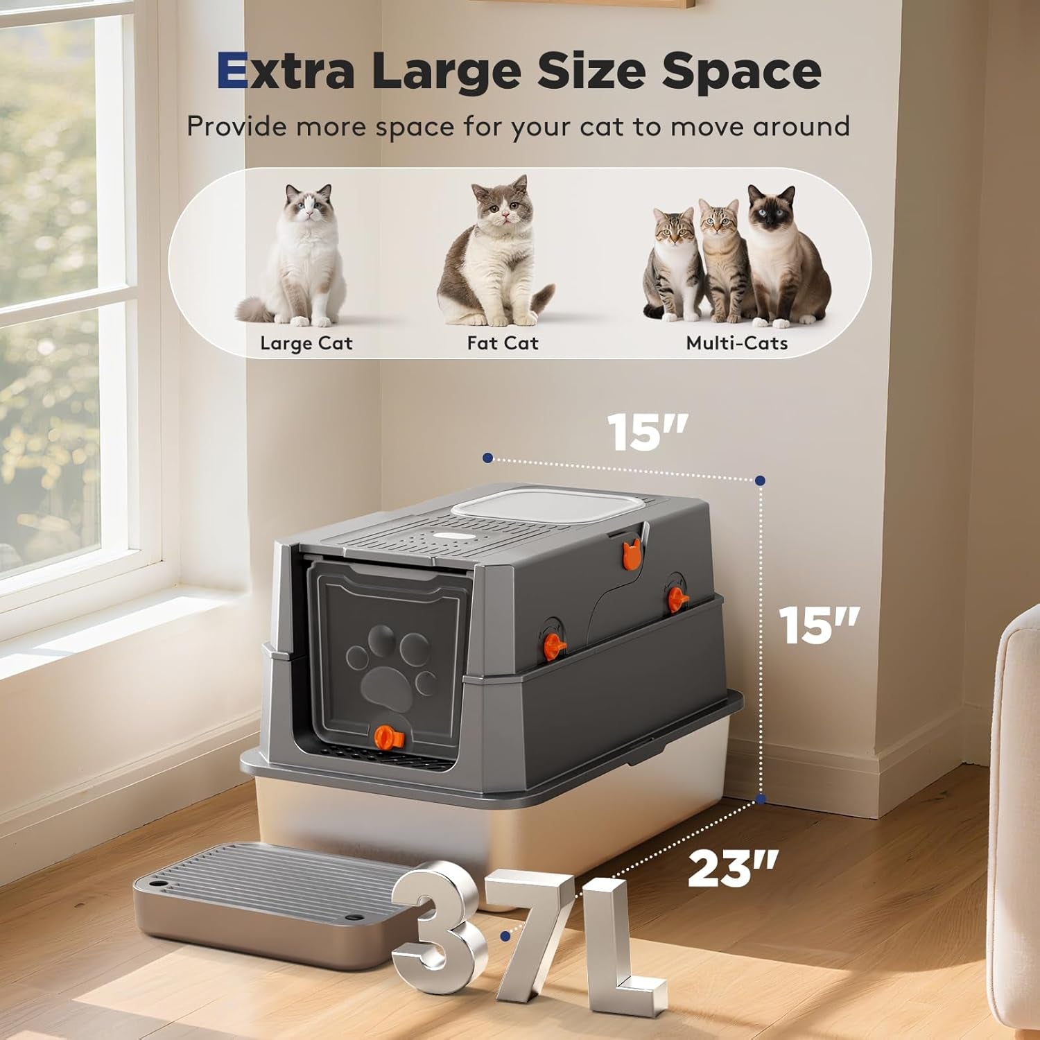 Stainless Steel Litter Box with Lid, Large Enclosed Cat Litter Box for Big Cats, Metal Cat Box with High Sided Enclosure & Scoop, Front & Top Entry, Odor Free, Anti-Leakage, Grey
