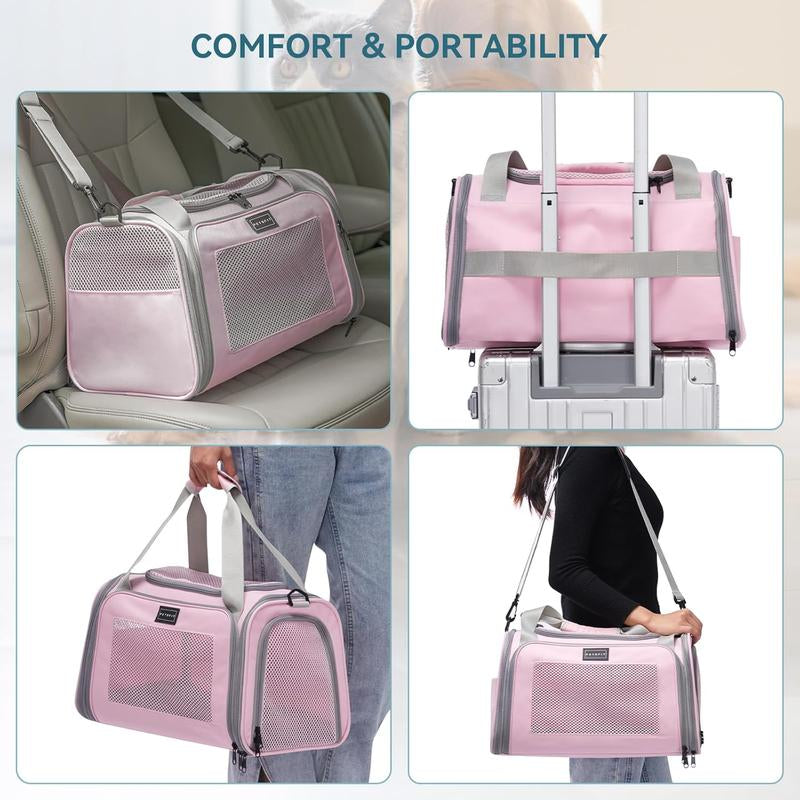 [5-Year Warranty] PETSFIT Cat Carrier, Pet Carrier Airline Approved, Cat Travel Carrier for Small and Medium Cats under 12 Lbs, Soft Sided Kitten Carrier with Cozy Extendable Mat, Cat Carrier Bag, Pink