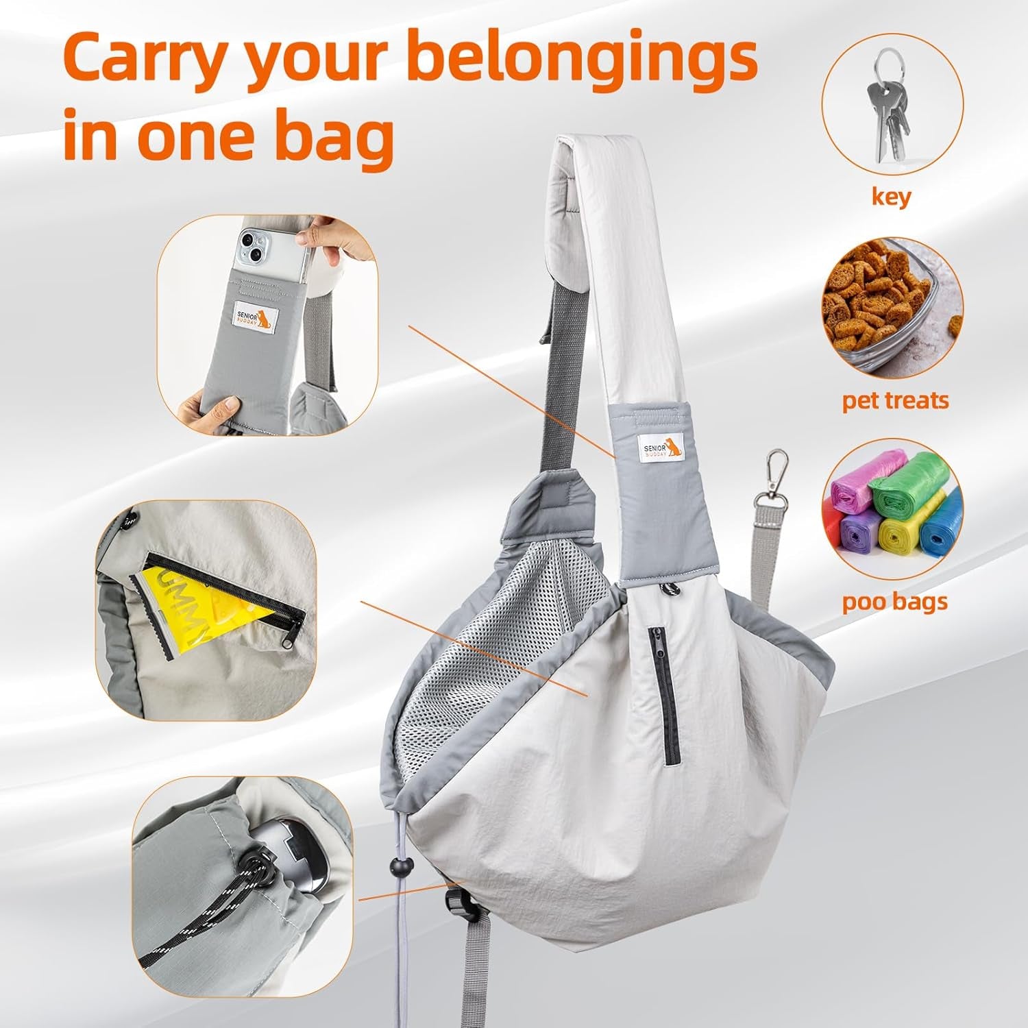 Dog Carrier Sling,Dog Carriers for Small Dogs & Cats up to 20Lbs,Puppy Carrying Backpack Pet Purse with Pockets,Adjustable Shoulder Strap,Hands Free for Travel (Grey)