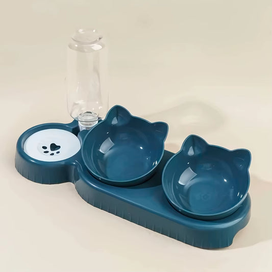 1PCS Pet Bowl with Water Feeder, 3-In-1 Ear Design Tilting Cat Water and Food Bowl with Gravity Water Bottle for Neck Protection