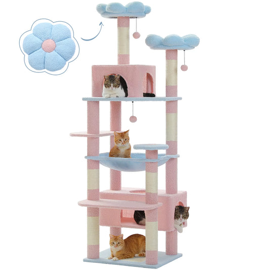 Extra Tall 184Cm Cat Tree Tower - Ultimate Indoor Playground with Hammock, Padded Perches, and Sisal Scratching Posts in Stylish Blue