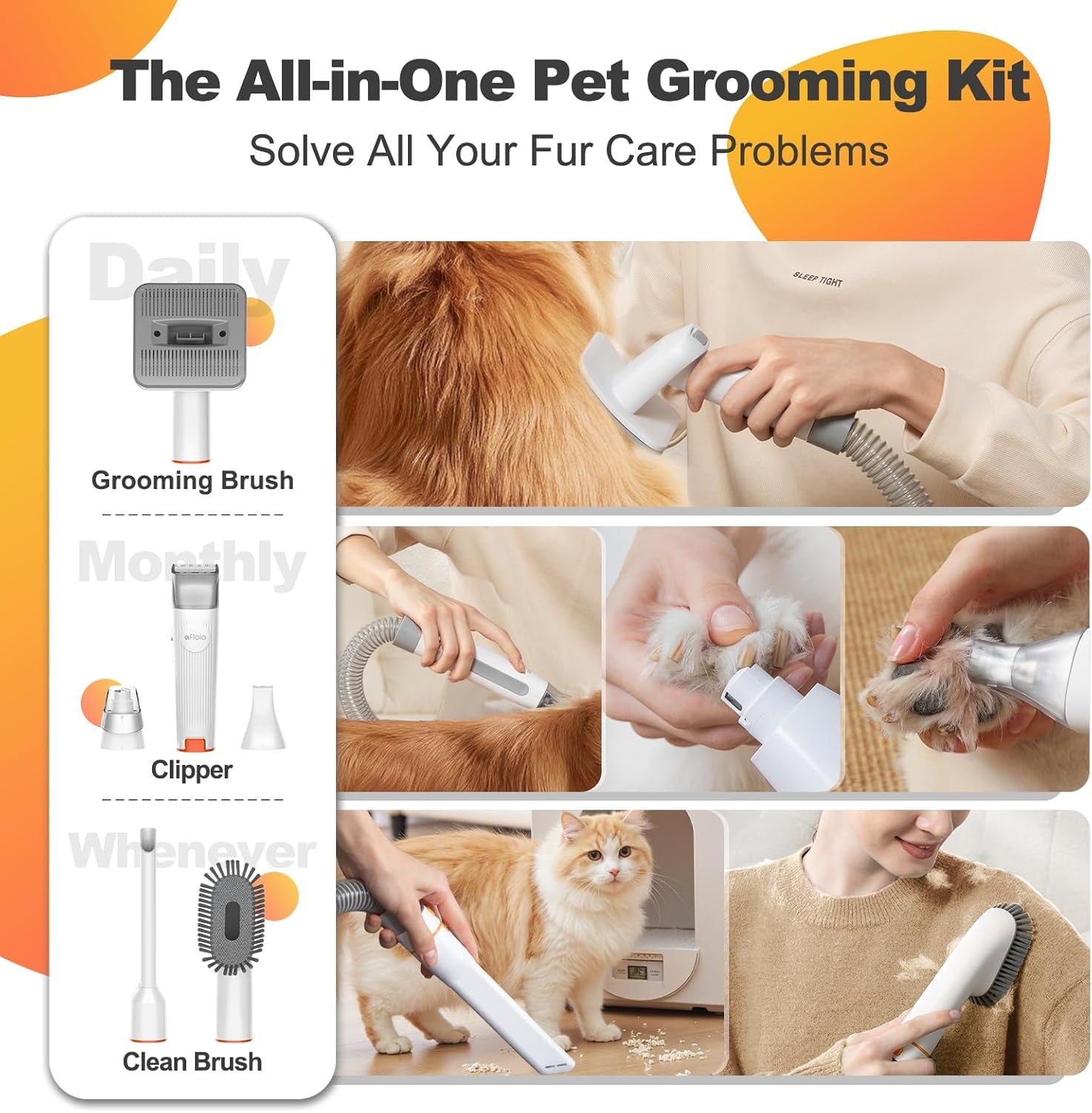 6-In-1 Dog Grooming Kit, Pet Grooming Vacuum for Shedding, Dog Hair Vacuum with Clipper Nail Trimmer Grinder, Pet Brush Groomer at Home, Low Noise Cats Hair Remover, 1.5L Dust Cup, White