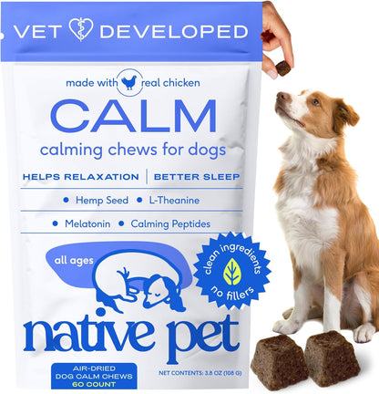 Calming Chews for Dogs - Melatonin for Dogs Anxiety Relief - Grain Free All Natural Hemp Calming Treats & L-Theanine Helps Manage Stress & Separation Anxiety - Puppy Sleep Aid - 60 Chews