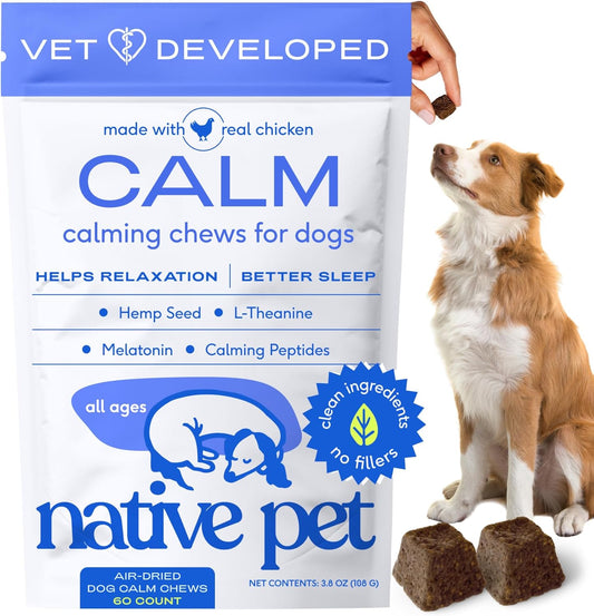 Calming Chews for Dogs - Melatonin for Dogs Anxiety Relief - Grain Free All Natural Hemp Calming Treats & L-Theanine Helps Manage Stress & Separation Anxiety - Puppy Sleep Aid - 60 Chews