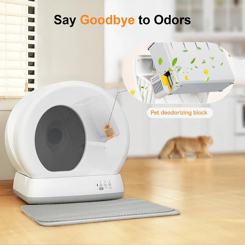 Upgraded Smart Automatic Cat Litter Box with Mat & Liner for Multi Cats, Advanced Safety System/Self Cleaning/Odor Control/App Control