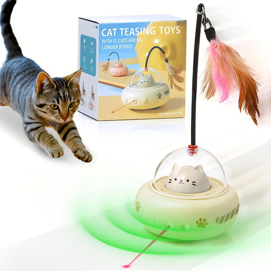 Smart Interactive Cat Toy, Automatic Self-Activating Moving Cat Toy with Feather, Lazer Light, and Energy-Saving Features – Perfect for Bored Cats, Fun Interactive Play (Beige)