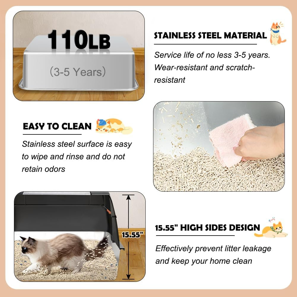 Stainless Steel Litter Box, XL Side Entry Extra Large Litter Box with Lid for Big Cats & Kitty, Removable Enclosed Metal Cat Pan with High Sided Enclosure, Scoop, Mat, Footboard (Black)