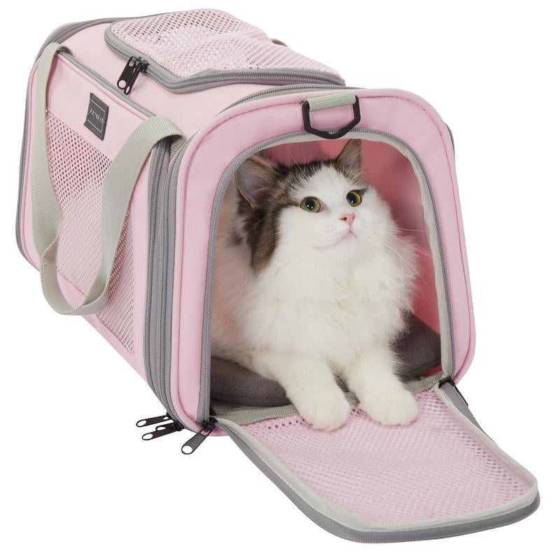 [5-Year Warranty] PETSFIT Cat Carrier, Pet Carrier Airline Approved, Cat Travel Carrier for Small and Medium Cats under 12 Lbs, Soft Sided Kitten Carrier with Cozy Extendable Mat, Cat Carrier Bag, Pink
