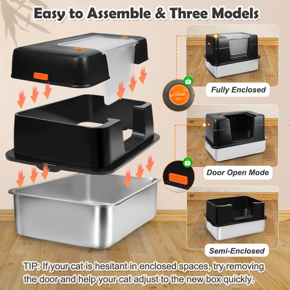 Stainless Steel Litter Box, XL Side Entry Extra Large Litter Box with Lid for Big Cats & Kitty, Removable Enclosed Metal Cat Pan with High Sided Enclosure, Scoop, Mat, Footboard (Black)