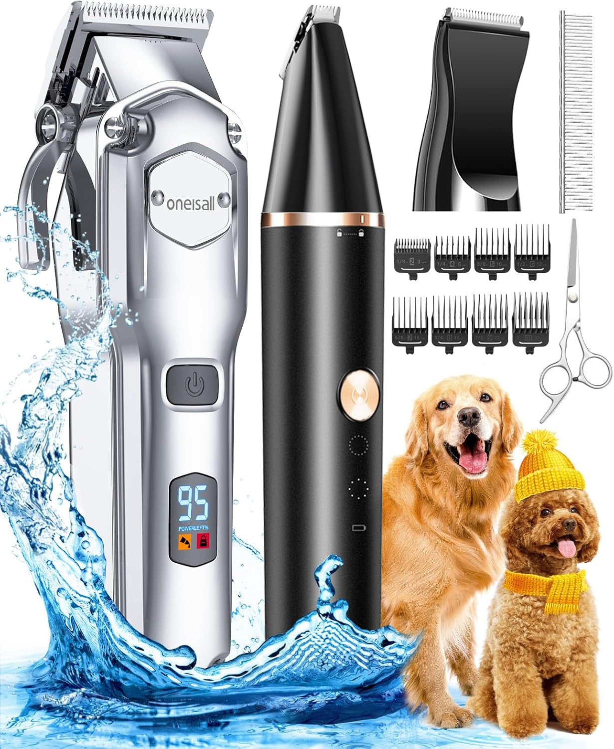 Dog Grooming Kit for Heavy Thick Hair&Coats/Low Noise Rechargeable Cordless Waterproof Dog Clippers for Grooming Animals&Pets/Pet Shaver with Stainless Steel Blade and Paw Trimmer