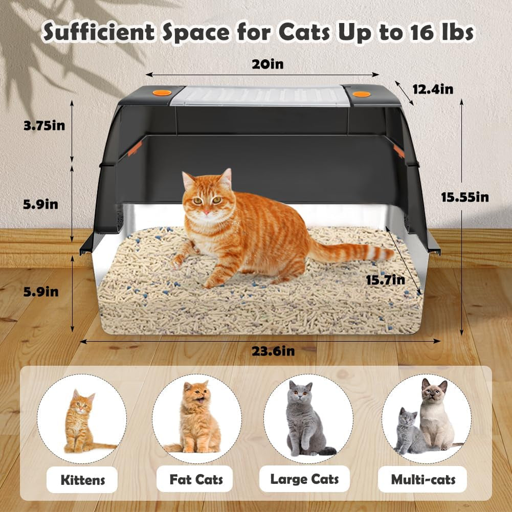 Stainless Steel Litter Box, XL Side Entry Extra Large Litter Box with Lid for Big Cats & Kitty, Removable Enclosed Metal Cat Pan with High Sided Enclosure, Scoop, Mat, Footboard (Black)