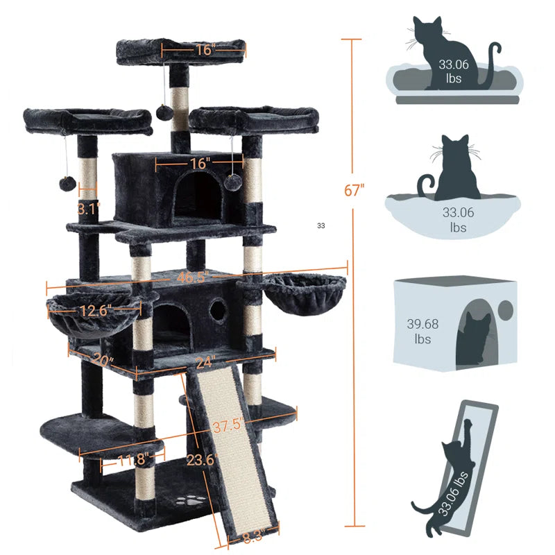 Lima Pet Heavy Duty Carpet 68 Inch Multi-Level Cat Tree Condos and Scratching Posts Included