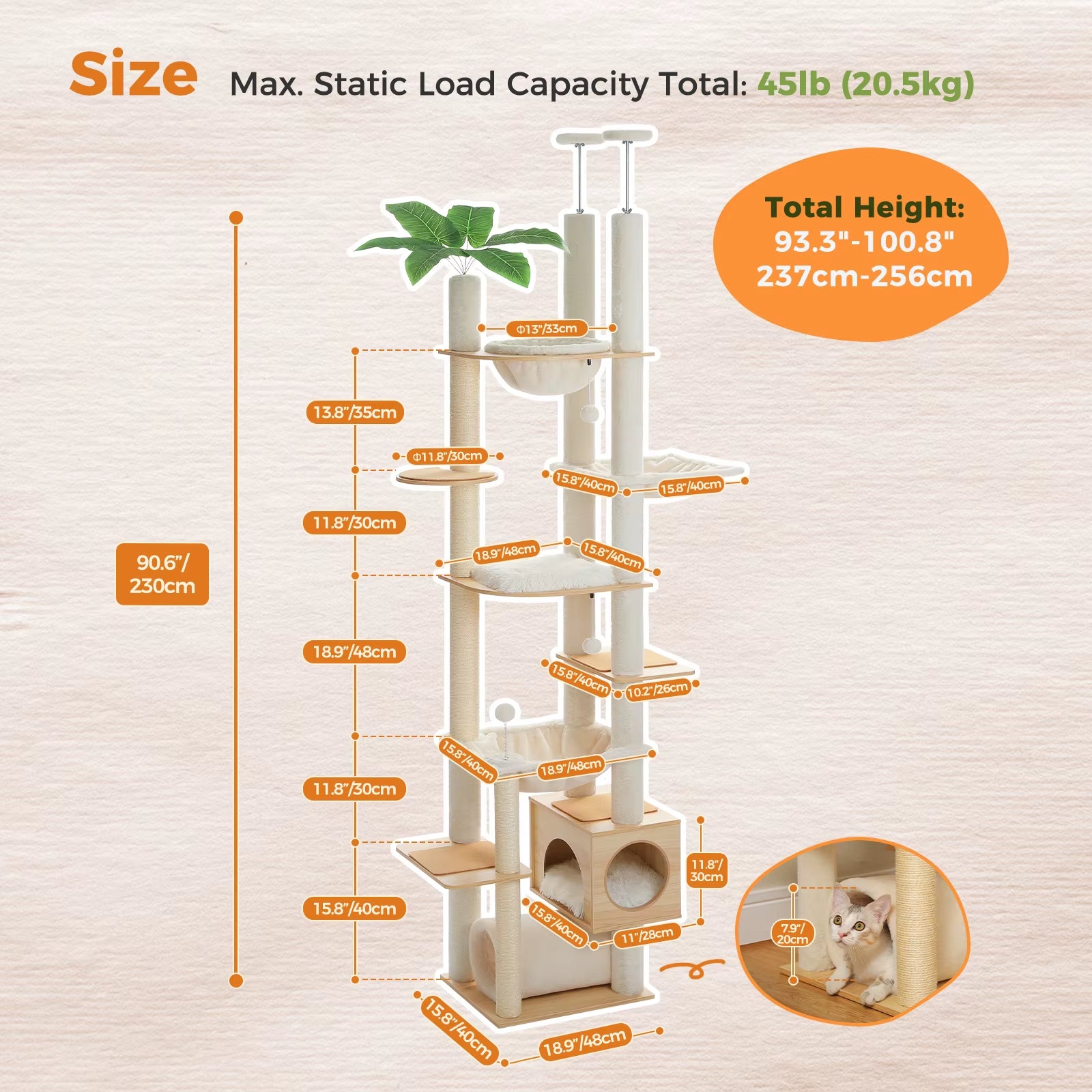 Ultimate Height Adjustable Wooden Cat Tree with Spacious Hammock & Durable Sisal Scratching Posts - Cozy Indoor Cat Condo & Floor-to-Ceiling Tower