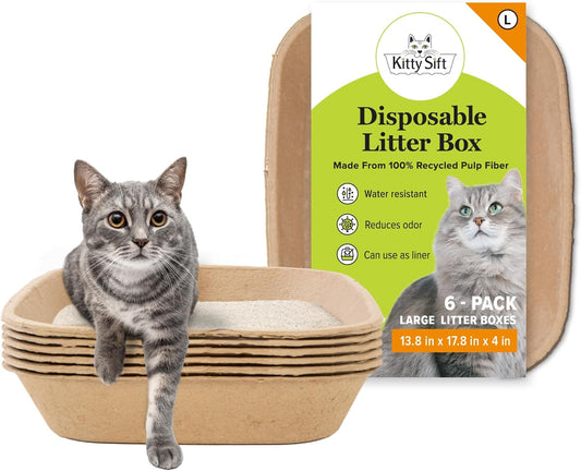 Disposable Cat Litter Box Large, 6 Count, Durable Portable for Travel and Home, Eco-Friendly Disposable Litter Box Controls Odor