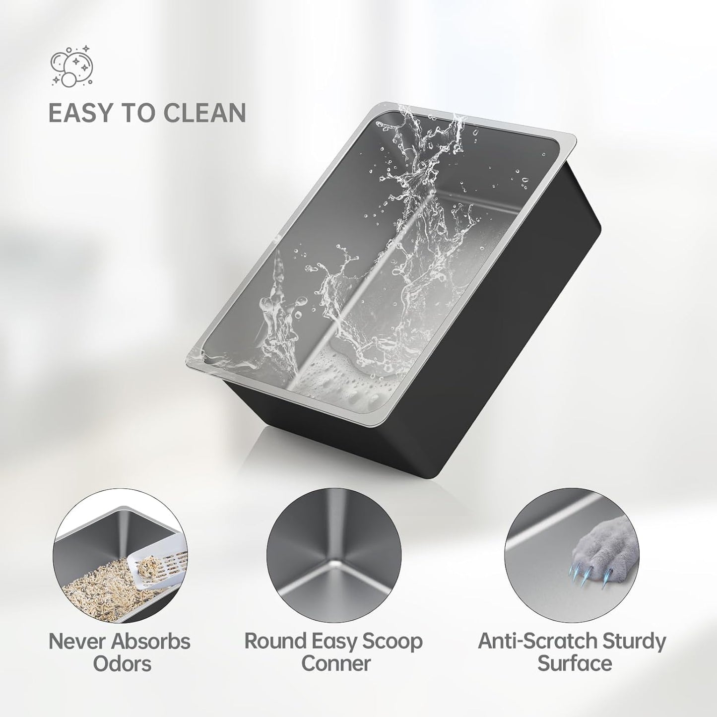 Stainless Steel Litter Box - High Sided Metal Cat Litter Box Pan, Never Absorbs Smell, Easy to Clean Non Stick Cat Litterbox Tray Toilet Pet Supplies for Indoor Kitty, Kitten, Rabbit, Puppy