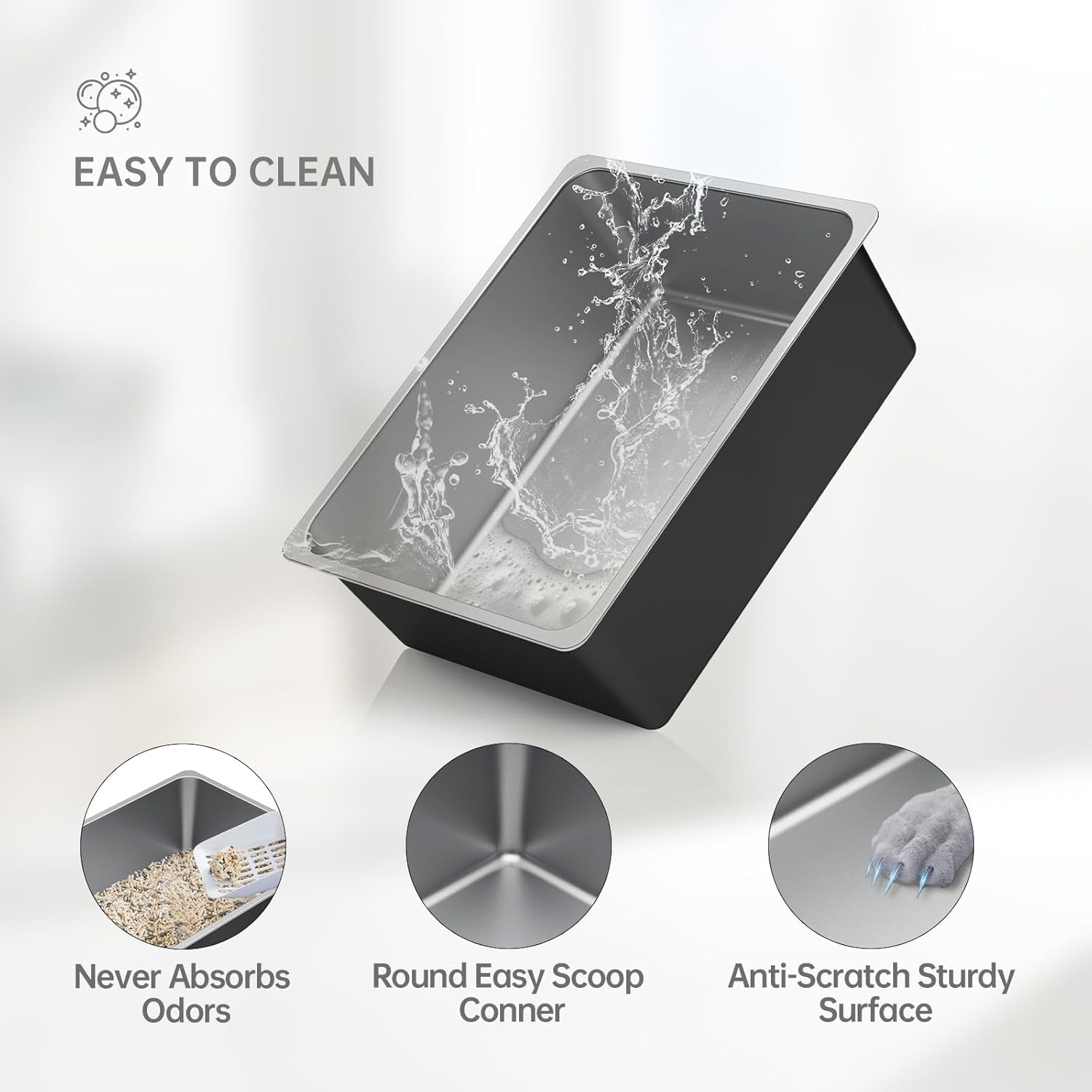 Stainless Steel Litter Box - High Sided Metal Cat Litter Box Pan, Never Absorbs Smell, Easy to Clean Non Stick Cat Litterbox Tray Toilet Pet Supplies for Indoor Kitty, Kitten, Rabbit, Puppy