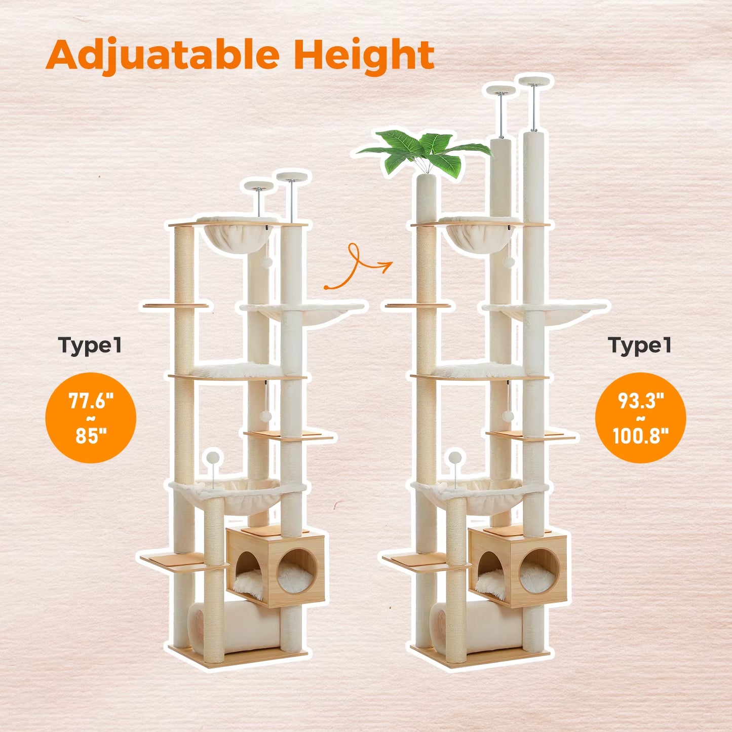 Ultimate Height Adjustable Wooden Cat Tree with Spacious Hammock & Durable Sisal Scratching Posts - Cozy Indoor Cat Condo & Floor-to-Ceiling Tower