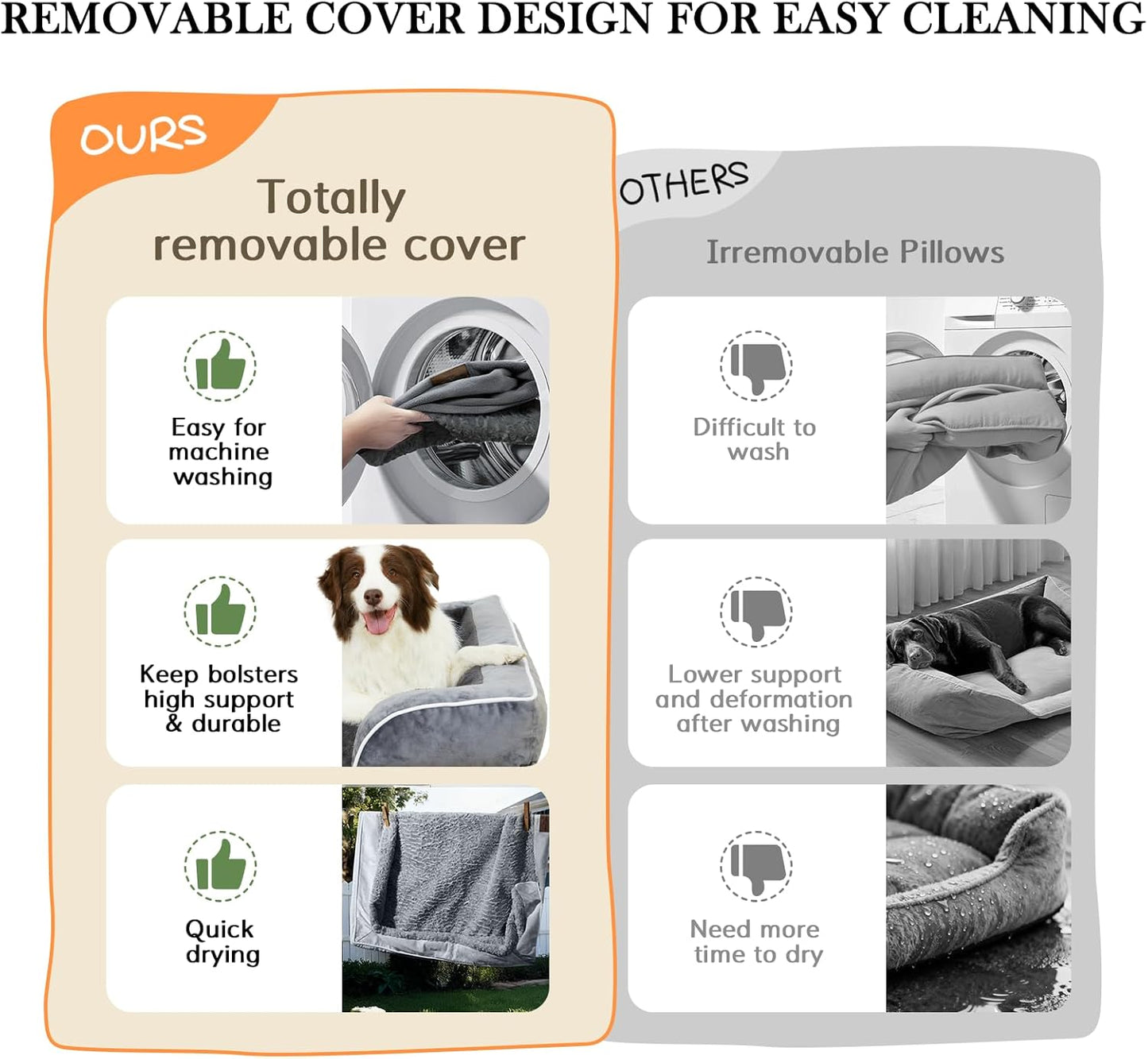 Orthopedic Dog Bed for Extra Large Dogs 42X30 Inch, Waterproof Supportive Egg Crate Foam XL Pet Bed with Removable Bolsters, Dog Couch with Washable Cover & Non-Slip Bottom, Brown