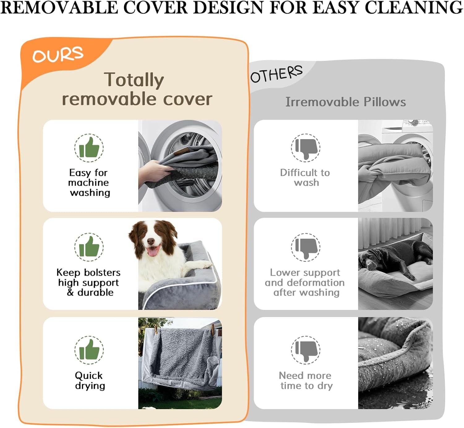 Orthopedic Dog Bed for Extra Large Dogs 42X30 Inch, Waterproof Supportive Egg Crate Foam XL Pet Bed with Removable Bolsters, Dog Couch with Washable Cover & Non-Slip Bottom, Brown