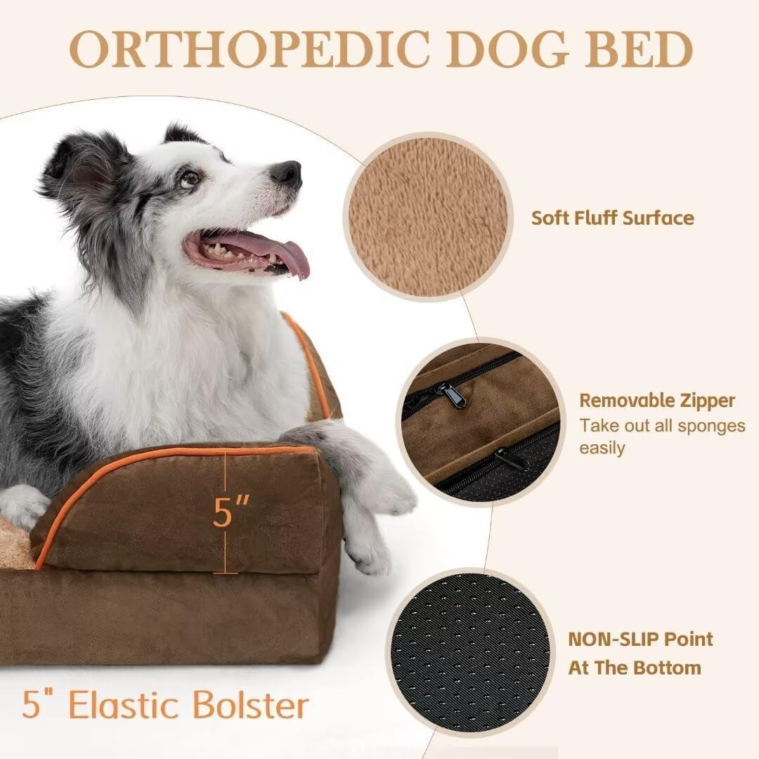 Orthopedic Dog Bed for Extra Large Dogs 42X30 Inch, Waterproof Supportive Egg Crate Foam XL Pet Bed with Removable Bolsters, Dog Couch with Washable Cover & Non-Slip Bottom, Brown