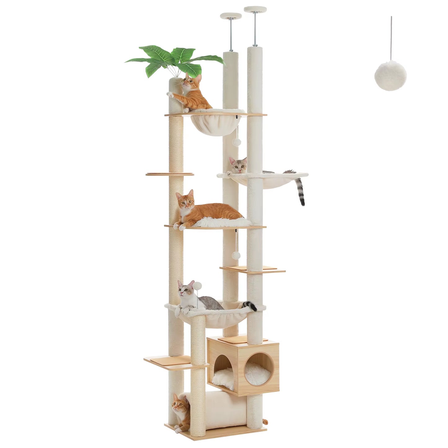Ultimate Height Adjustable Wooden Cat Tree with Spacious Hammock & Durable Sisal Scratching Posts - Cozy Indoor Cat Condo & Floor-to-Ceiling Tower