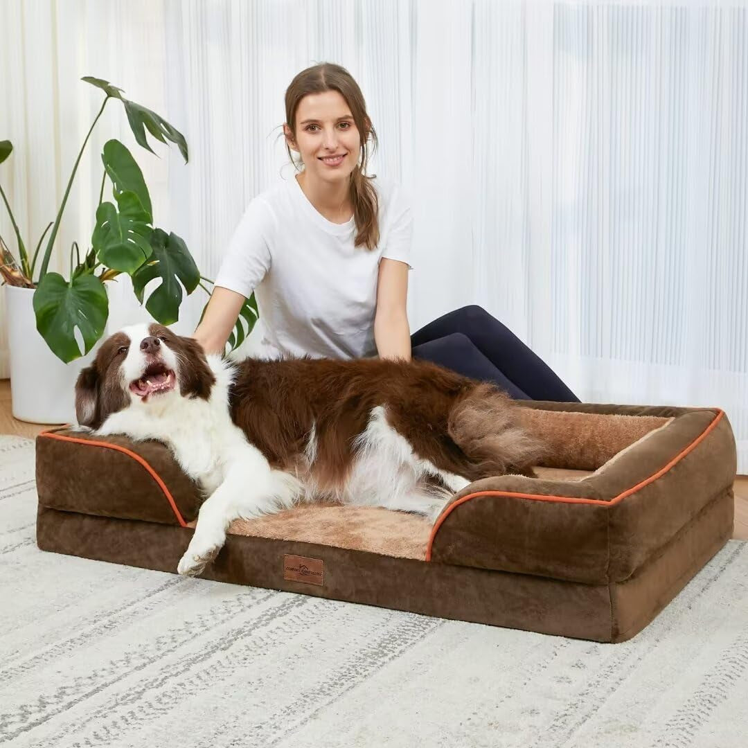 Orthopedic Dog Bed for Extra Large Dogs 42X30 Inch, Waterproof Supportive Egg Crate Foam XL Pet Bed with Removable Bolsters, Dog Couch with Washable Cover & Non-Slip Bottom, Brown