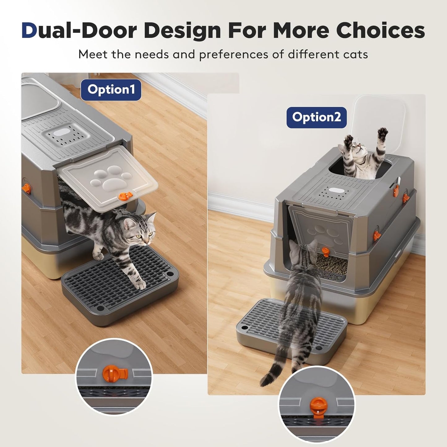 Stainless Steel Litter Box with Lid, Large Enclosed Cat Litter Box for Big Cats, Metal Cat Box with High Sided Enclosure & Scoop, Front & Top Entry, Odor Free, Anti-Leakage, Grey