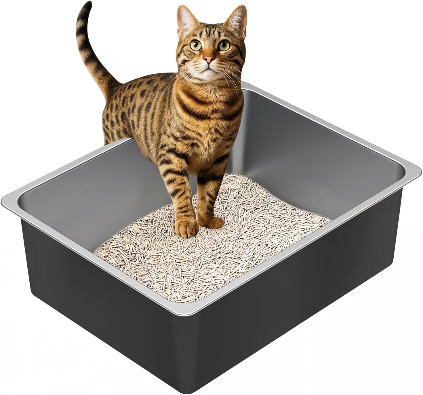 Stainless Steel Litter Box - High Sided Metal Cat Litter Box Pan, Never Absorbs Smell, Easy to Clean Non Stick Cat Litterbox Tray Toilet Pet Supplies for Indoor Kitty, Kitten, Rabbit, Puppy