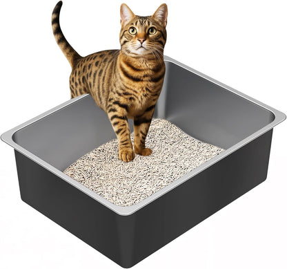 Stainless Steel Litter Box - High Sided Metal Cat Litter Box Pan, Never Absorbs Smell, Easy to Clean Non Stick Cat Litterbox Tray Toilet Pet Supplies for Indoor Kitty, Kitten, Rabbit, Puppy