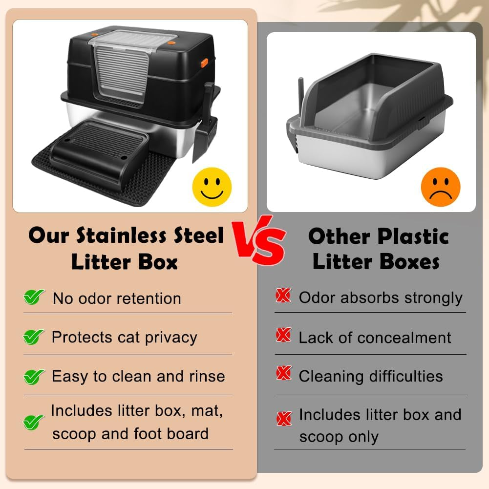 Stainless Steel Litter Box, XL Side Entry Extra Large Litter Box with Lid for Big Cats & Kitty, Removable Enclosed Metal Cat Pan with High Sided Enclosure, Scoop, Mat, Footboard (Black)
